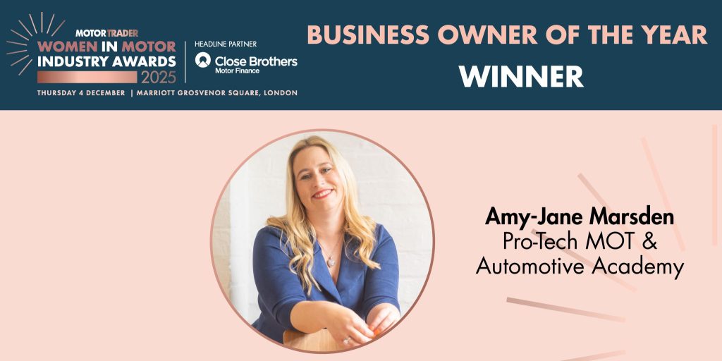 Amy-Jane Marsden receiving the Business Owner of the Year award at the Women in Motor Industry Awards 2025